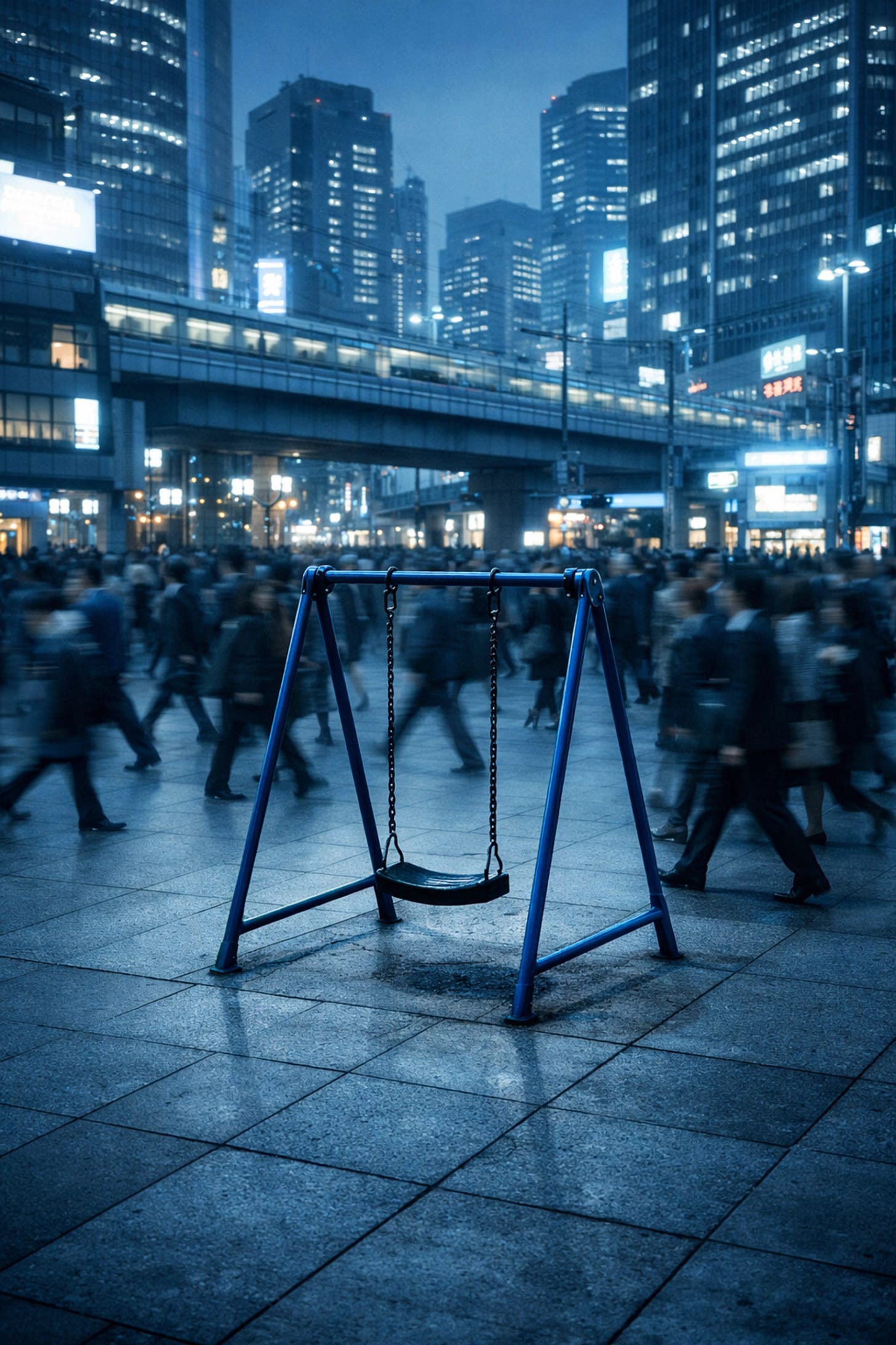 Empty child swing in a bustling city symbolizing the demographic crisis and utilitarian culture | Dr. Marcus Peter