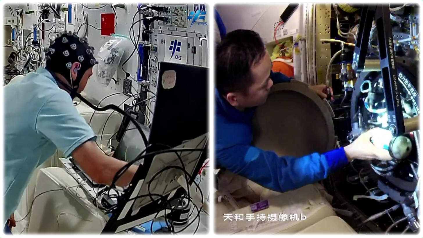 Wu Fei participating in an electroencephalography experiment (left) and Zhang Lu working on the fluid physics experiment rack (right).