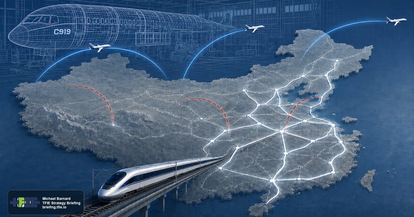 Strategy graphic showing China’s rail corridors dominating short routes, with remaining aviation arcs and a C919 blueprint above.