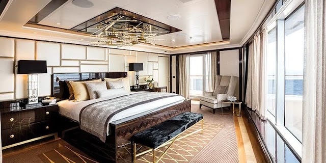 Cruising An opulent suite in a cruise ship that indicates the golden age of cruising