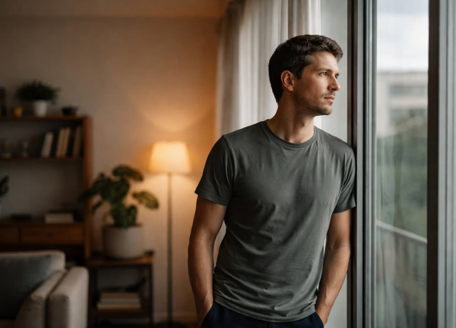 Contemplative-looking man staring outside his window.