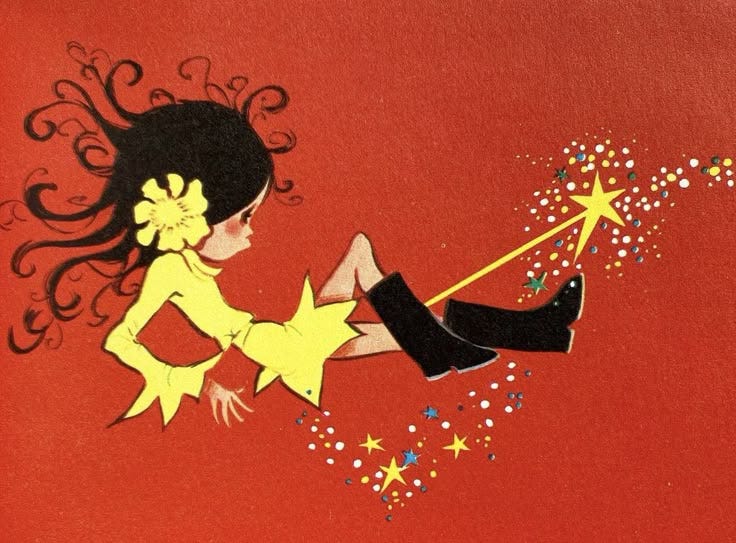 This may contain: a painting of a woman holding a wand with stars coming out of her legs and hair