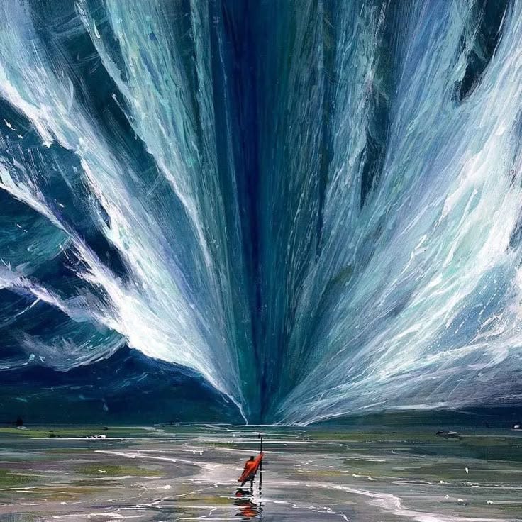 This may contain: a painting of a man standing in the middle of a large ocean with water swirling around him