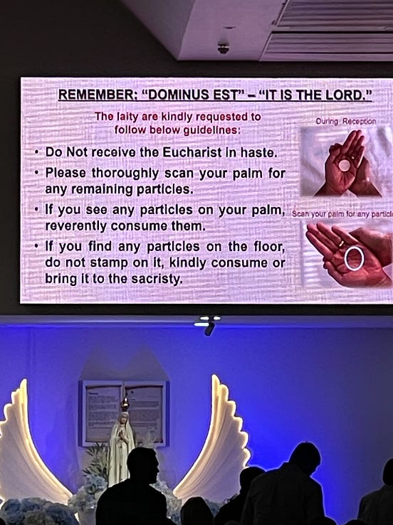 A sign encouraging Eucharistic devotion during a weekday Mass at St. Mary's Catholic Parish, in Dubai. Credit: JD Flynn/Pillar Media.