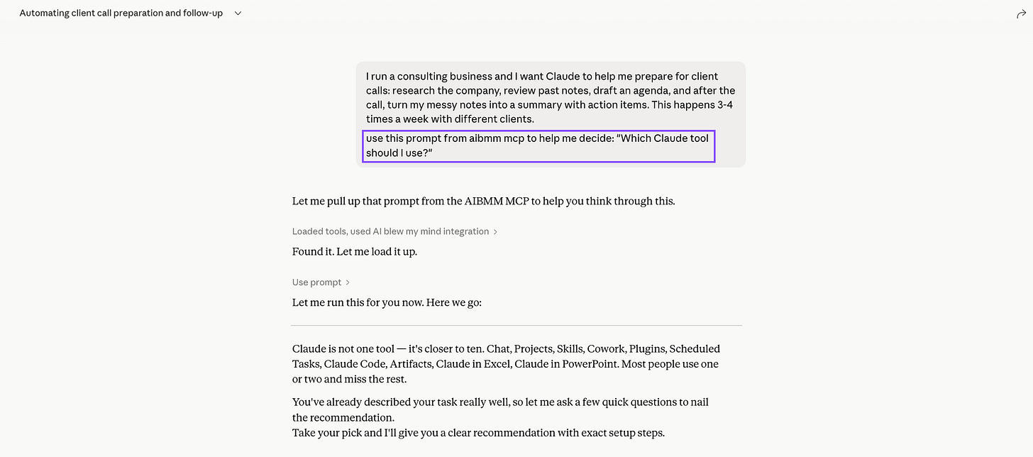 Claude chat showing the "Which Claude tool should I use?" Amplifier running on a real task: automating client call preparation and follow-up for a consulting business, with Claude loading the prompt and starting diagnostic questions.