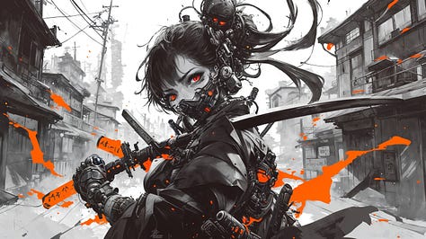 A courtyard with leaves falling, inside a space shuttle and a cybernetic samurai