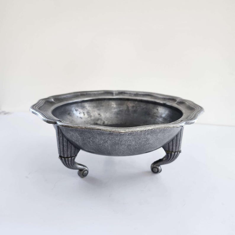 Antique pewter bowl on three legs retro chateau chic art deco bowl marked scalloped edges plate castle core pedestal bowl