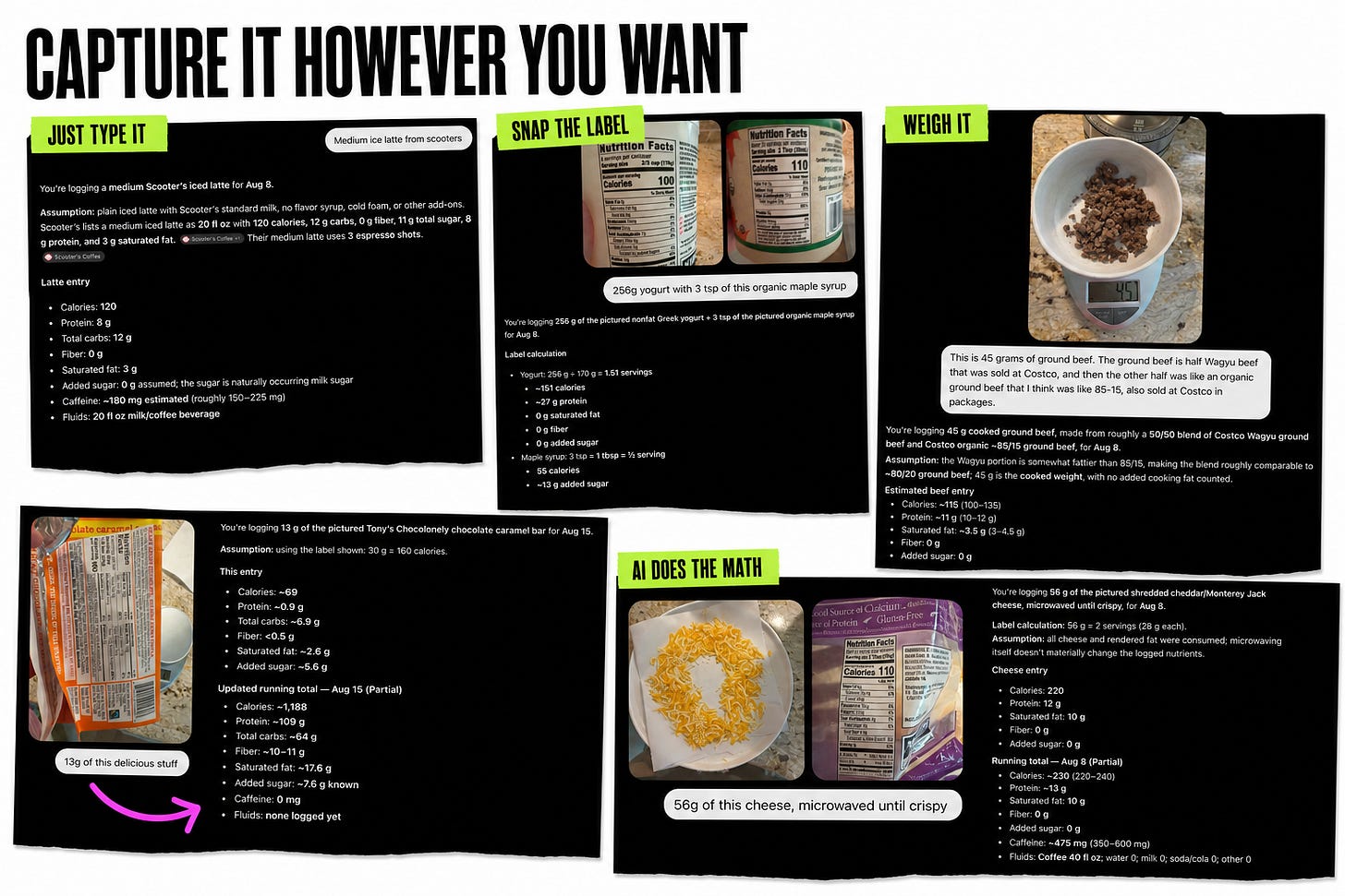 Examples of food entries captured through text, nutrition-label photographs, and weighed portions.