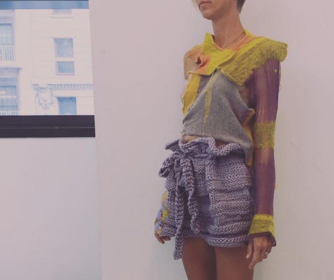 Series of images from a fashion design collection: all very bright - with a lot of orange, purple, and yellow. The designs are loud and textural.
