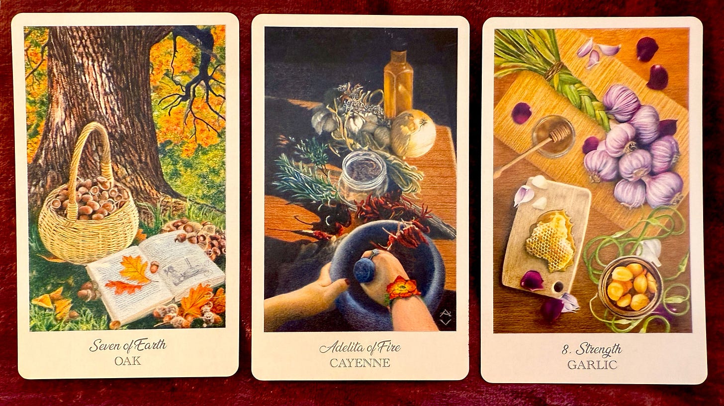 Seven of Earth, Adelina of Fire, Strength from the Herbcrafter’s Tarot. Art by JPC.