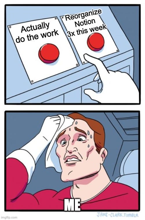 Meme about being confused between actually do the work vs reorganizing productivity apps Meme about being confused between actually do the work vs reorganizing productivity apps
