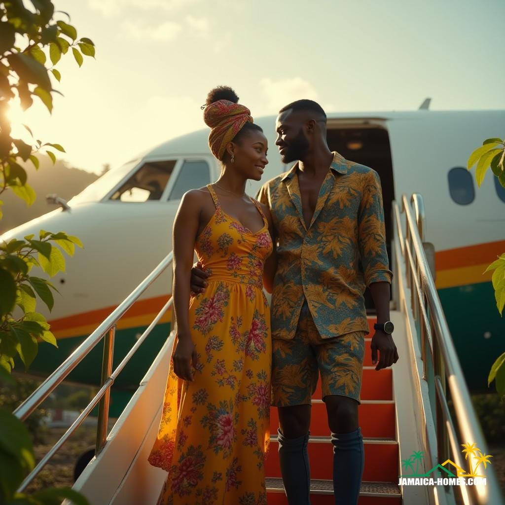 A black couple, dressed in vibrant, eclectic outfits, stepping off a plane, surrounded by lush Caribbean greenery, with the warm Jamaican sun casting a golden glow on their faces, as they take their first breath of island air, having just left the UK behind. 