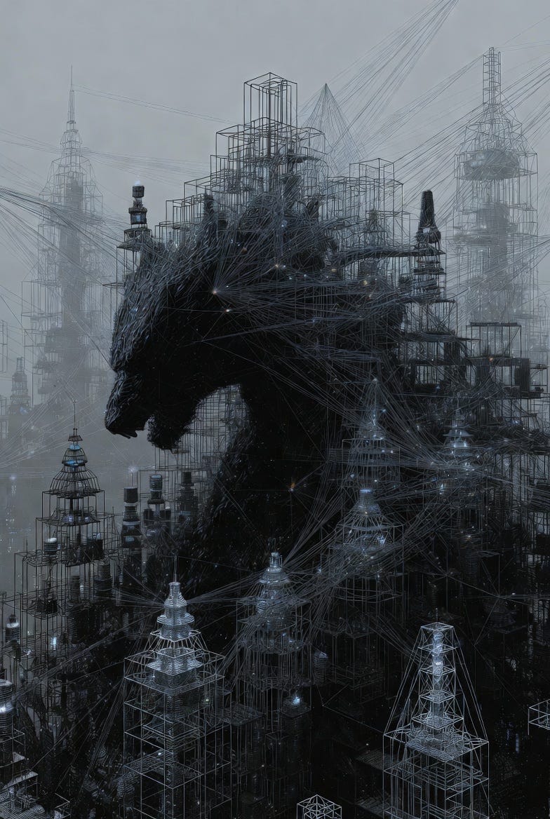 A conceptual illustration of the Fifth Beast: The Density, with a central dark silhouette and radiating administrative structures.