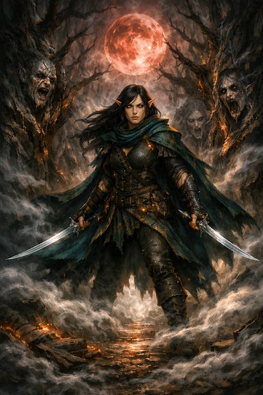 Silverleaf’s vision within the Mists — a dark‑haired elven ranger standing beneath bleeding moonlight, mist curling around her boots, twin blades drawn. The forest twists around her, branches like claws, faces of her kin rotting in the bark whispering her true name until it becomes a scream. Her deep‑green and shadow‑teal cloak flares as she cuts through the corruption, silver moonlight glinting on her blades. Her eyes burn with resolve as she declares, “I am not your exile. I am my own,” and the Mists recoil as the forest splits open before her.
