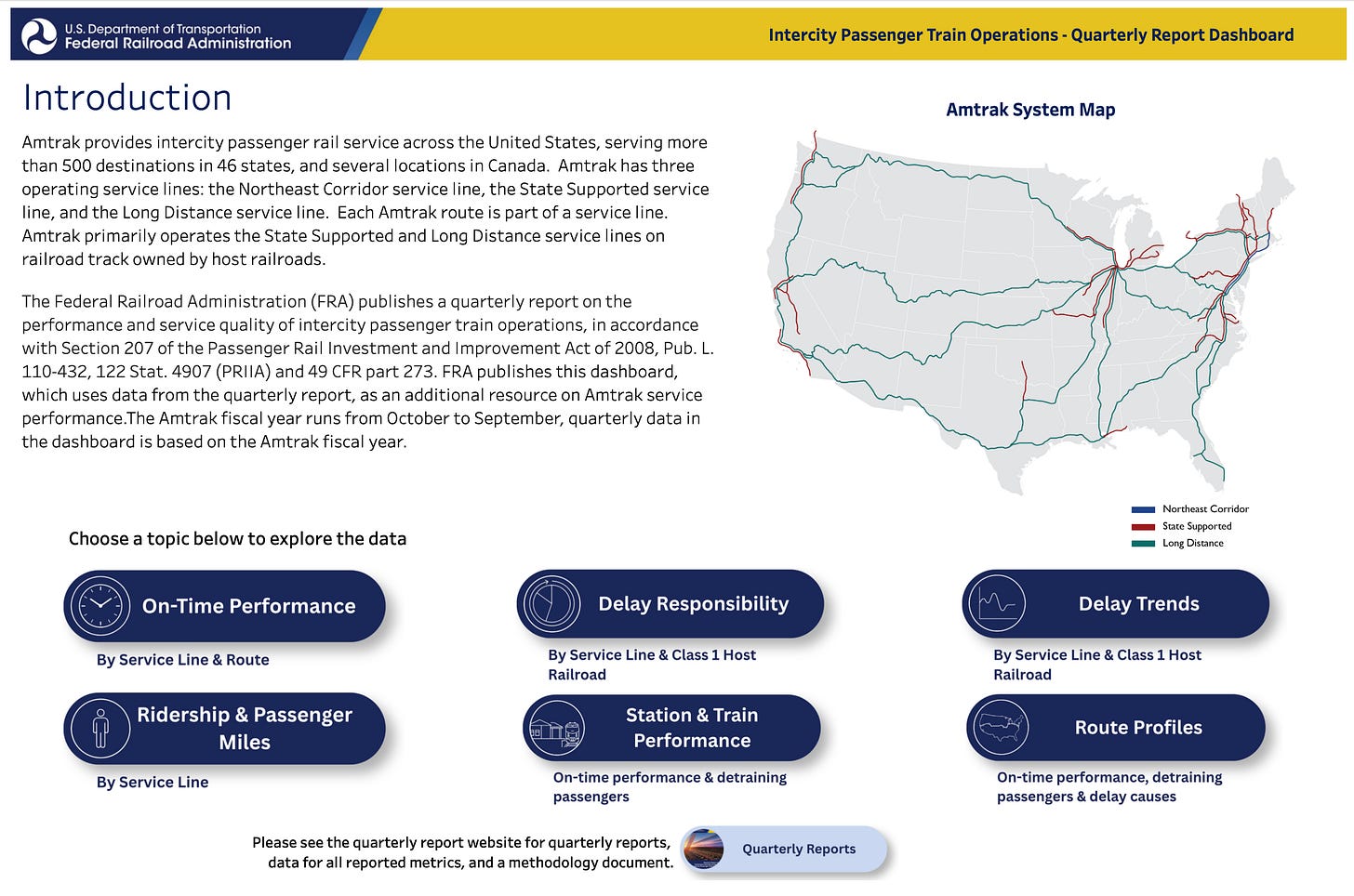An image of the introduction page to the FRA's new passenger rail data dashboard An image of the introduction page to the FRA's new passenger rail data dashboard