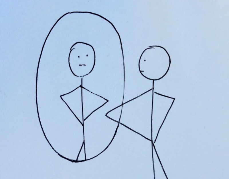 Our protagonist gazes into the mirror, hands on hips, feeling uncertain. “Am I a leader?”, they wonder.