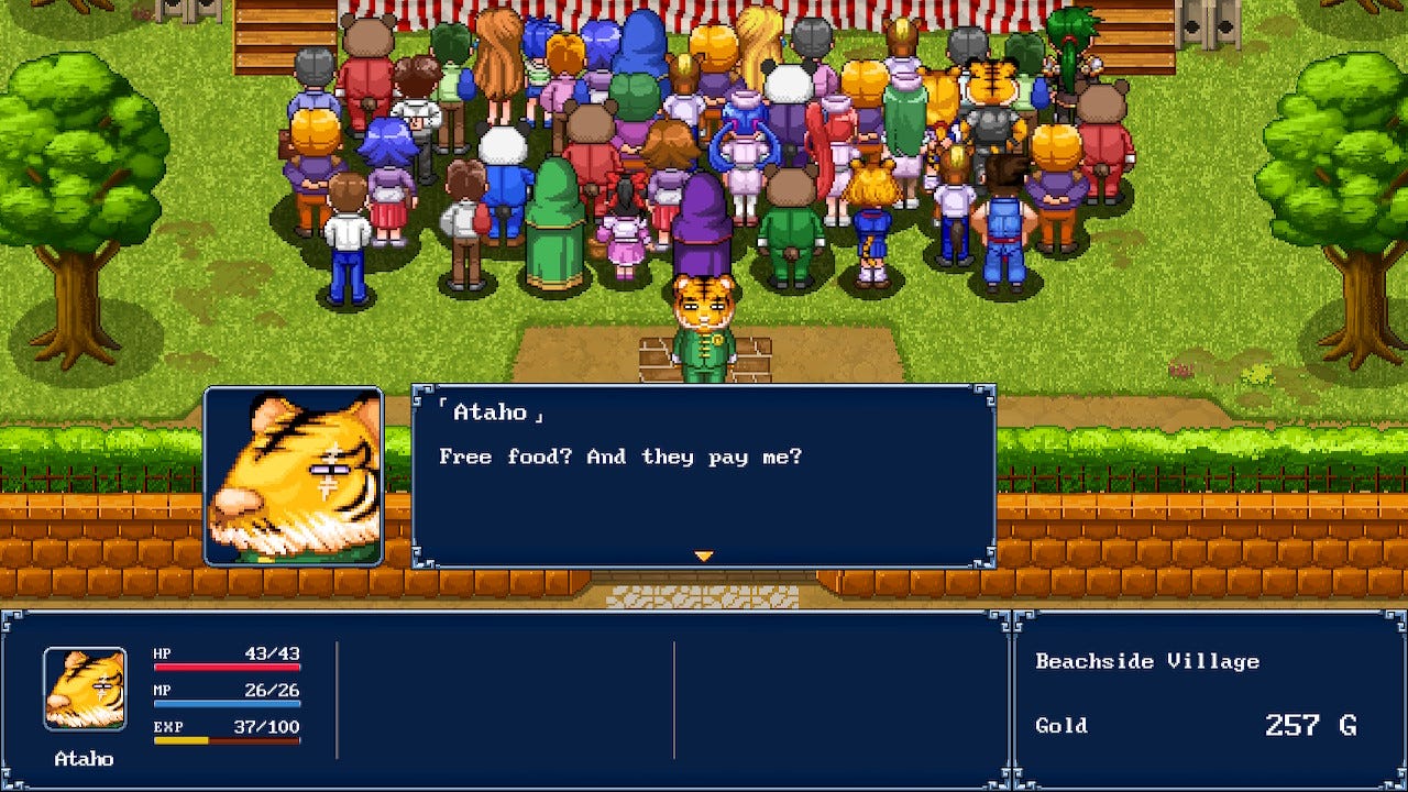 A screenshot from the scene where Ataho hears that there's an all-you-can-eat food competition occurring in the town he's ended up in, with him saying, "Free food? And they pay me?" in response.