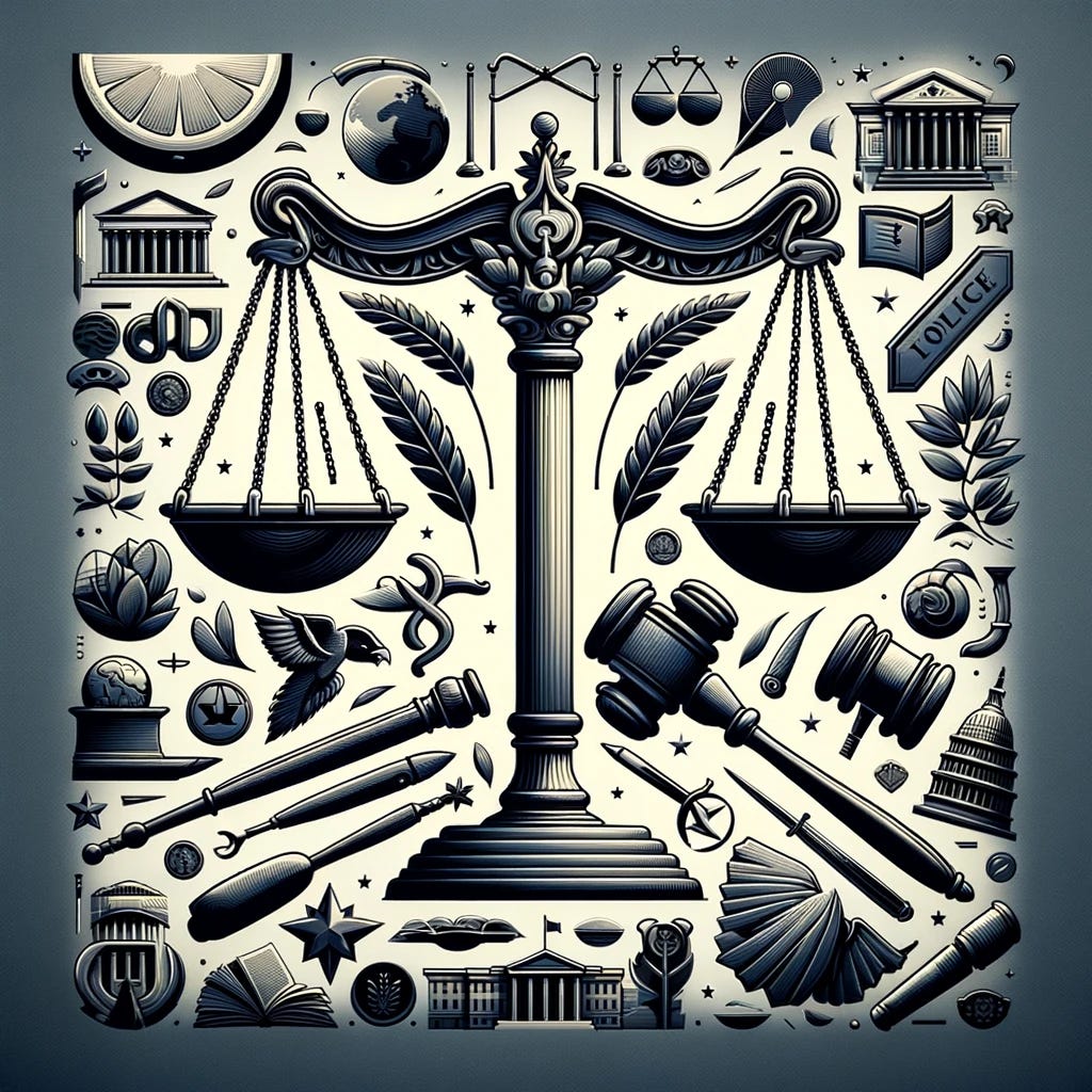 Generate an image that solely features iconic symbols associated with politics and governance, without any textual elements. Focus on universally recognized symbols such as the scales of justice, a gavel, the Capitol building, or an olive branch, to represent the essence of political power, law, and peace. This composition should visually convey the fundamental aspects of politics and governance through these symbols alone, highlighting their significance in shaping societies and influencing human interactions.