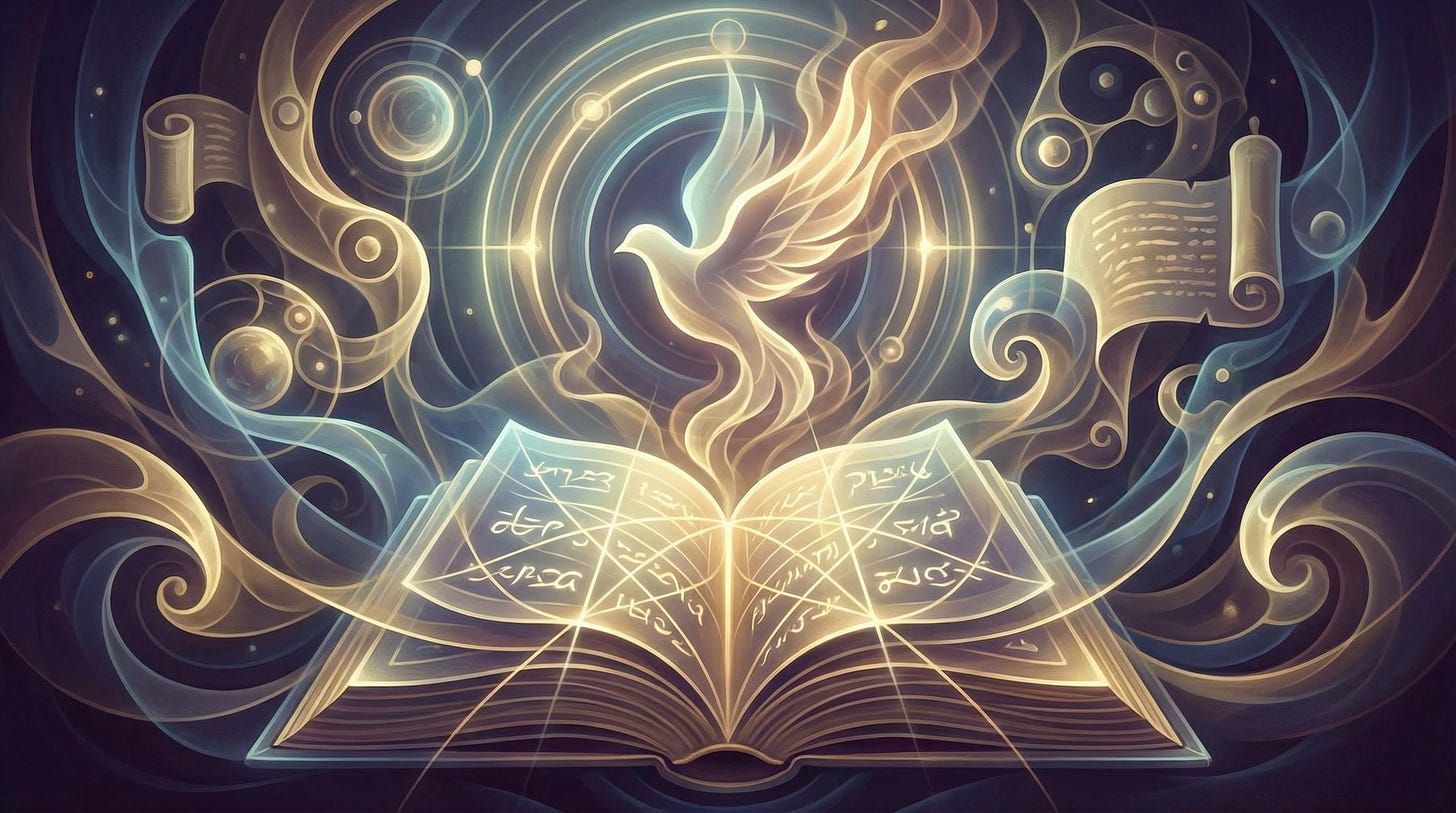 AI-generated illustration of an open Bible with a dove flying skyward from the pages, symbolizing the power of God's living Word.