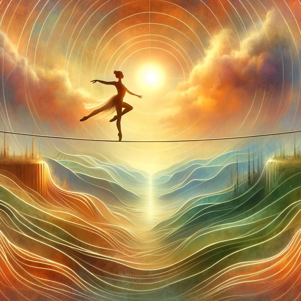 A balerina walking on a tightrope symbolising the play of perfectionism in life.