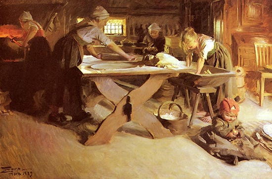 Baking the Bread by Anders Zorn, oil, 1889, PD US Baking the Bread by Anders Zorn 1889 pd us