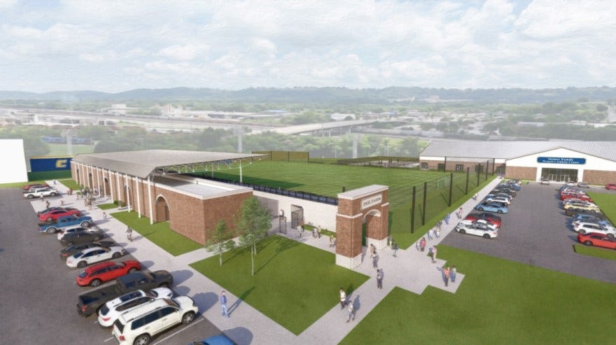 Rendering of the main entrance and soccer field at the planned UTC Engel Stadium complex.