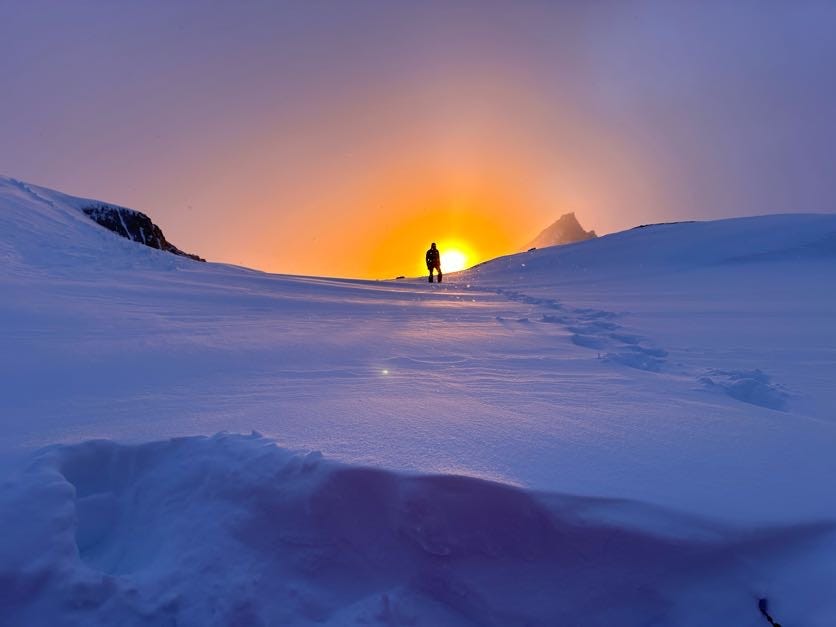 Sunrise during a guided Winter ascent of Mt. Whitney.