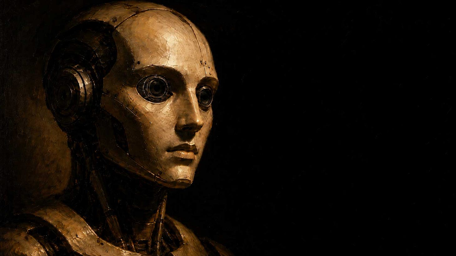 Humanoid bot face with basically dead eyes because they are merely cameras without any life behind them; chiaroscuro style.