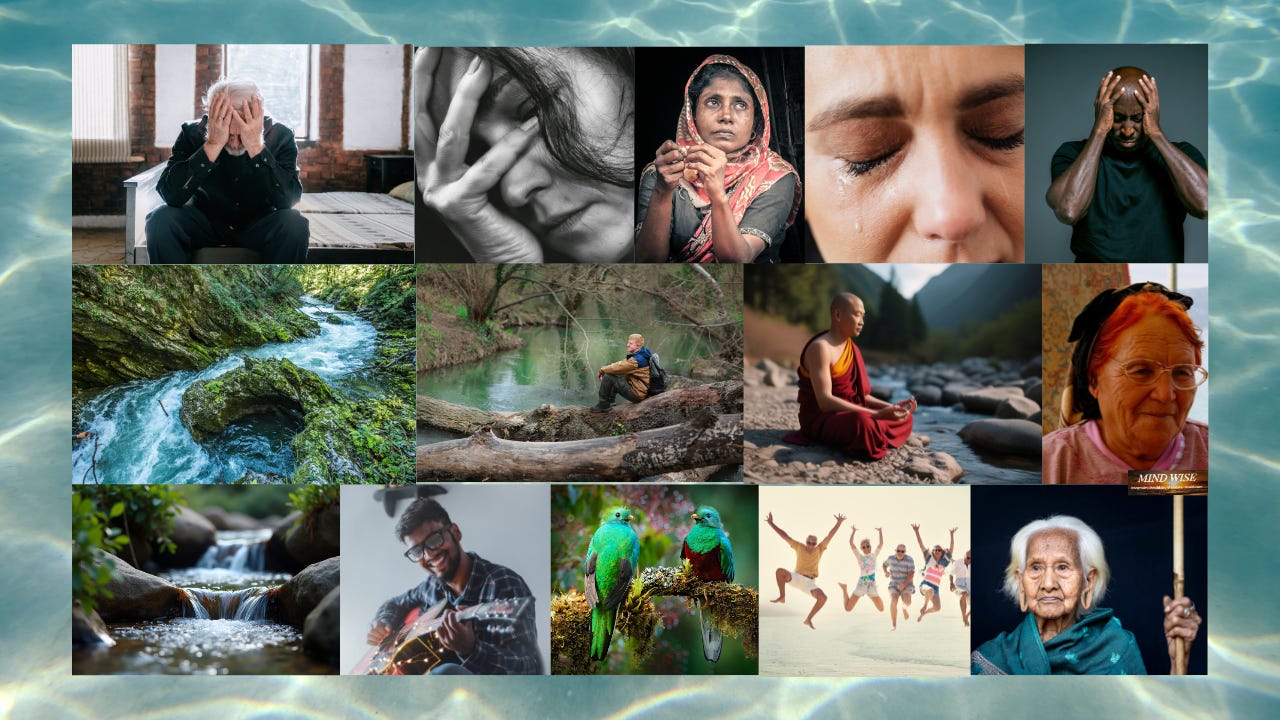 Collage of pictures with the theme of renewal and healing from depression, the flowing river, joy, and wisdom. Collage of pictures with the theme of renewal and healing from depression, the flowing river, joy, and wisdom.