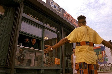 Spike Lee and Giancarlo Esposito at Sal's Pizzeria ordering and delivering pizza in Do The Right Thing (1989) | Film Flavor: A Newsletter Surveying Food in Film