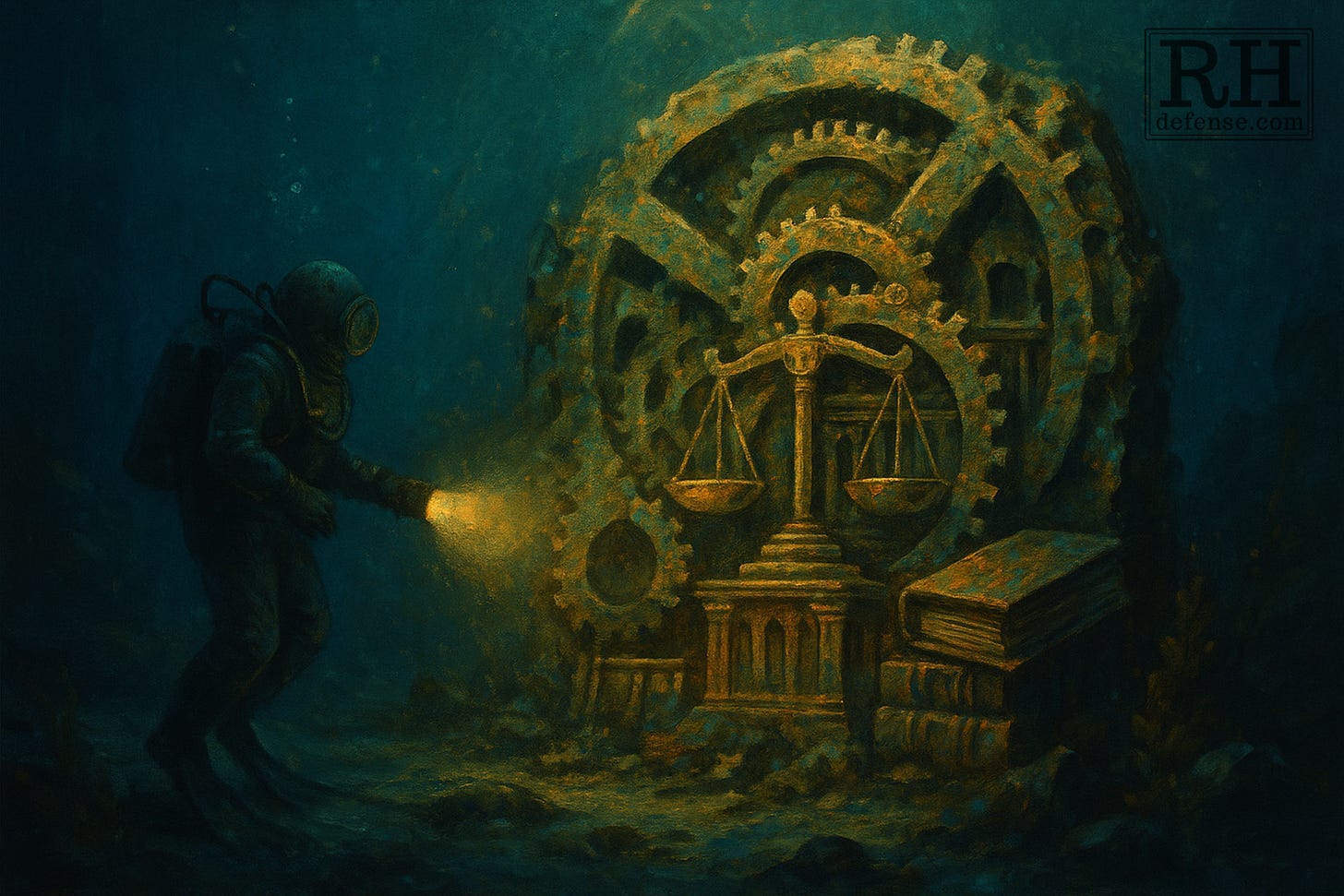 A deep-sea diver shines a flashlight on a massive bronze mechanism fused with legal symbols on the ocean floor. The ancient gears are corroded but intricate, merging seamlessly with the scales of justice, classical columns, and stacks of law books. Warm bronze light from the diver’s lamp contrasts with the cool teal water, creating a surreal underwater scene that suggests the mechanization of justice.
