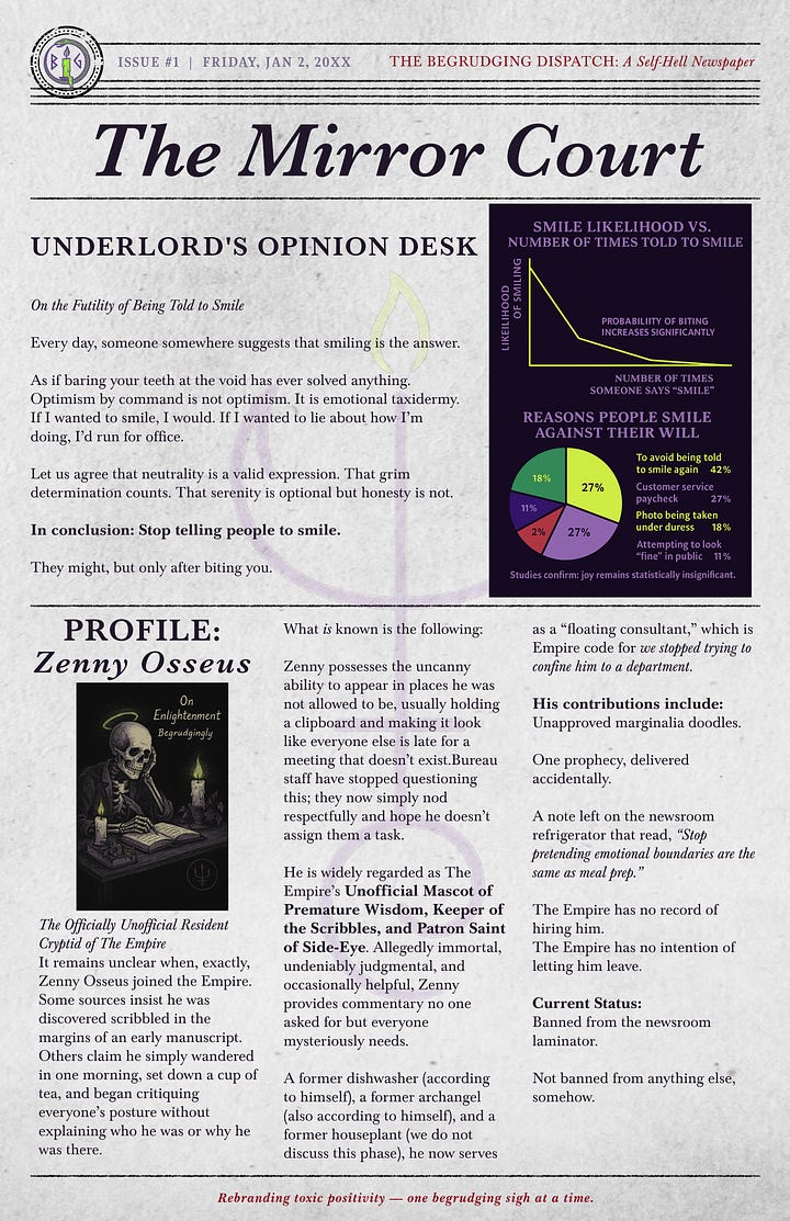 Four-page newspaper issue featuring the Benediction, Field Notes, Bureau Reports, charts on emotional futility, a Zenny Osseus profile, and ads from The Begrudgingly Grateful Empire.