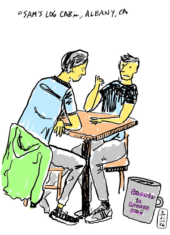 Illustration of the apron, a side looking at his phone and two guys talking. 