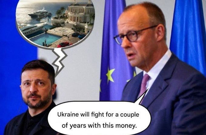 Meme illustration with Volodymyr Zelenskyy in suit at podium under blue background with EU flags on sides, speaking into microphone, speech bubble from him saying Ukraine will fight for a couple of years with this money. Adjacent thought bubble from bald man in glasses and suit labeled as EU official showing luxury yacht docked near grand palace with swimming pool and palm trees under sunny sky. Stacks of US dollar bills in bundles on office desk with Ukrainian anti-corruption bureau seals in quoted images. Blue bag filled with euros and more dollar and euro bundles scattered on wooden floor with similar seals. Meme illustration with Volodymyr Zelenskyy in suit at podium under blue background with EU flags on sides, speaking into microphone, speech bubble from him saying Ukraine will fight for a couple of years with this money. Adjacent thought bubble from bald man in glasses and suit labeled as EU official showing luxury yacht docked near grand palace with swimming pool and palm trees under sunny sky. Stacks of US dollar bills in bundles on office desk with Ukrainian anti-corruption bureau seals in quoted images. Blue bag filled with euros and more dollar and euro bundles scattered on wooden floor with similar seals.