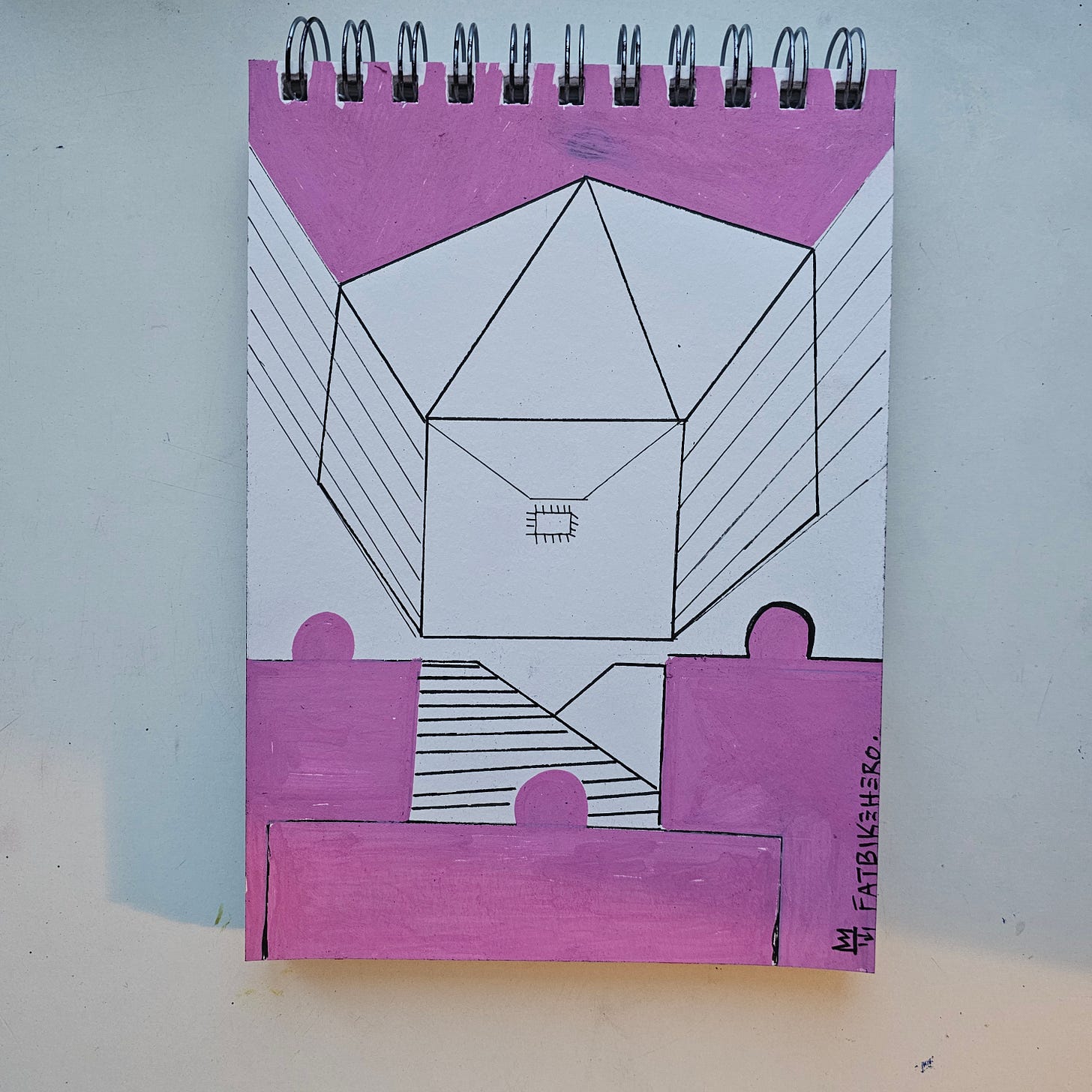 Alt Text: A marker drawing by FatbikeHero titled 'Underground A.I. Base.' It features a white geometric polyhedron structure with a central microchip icon, surrounded by magenta purple blocks and puzzle-piece shapes at the bottom. Alt Text: A marker drawing by FatbikeHero titled 'Underground A.I. Base.' It features a white geometric polyhedron structure with a central microchip icon, surrounded by magenta purple blocks and puzzle-piece shapes at the bottom.
