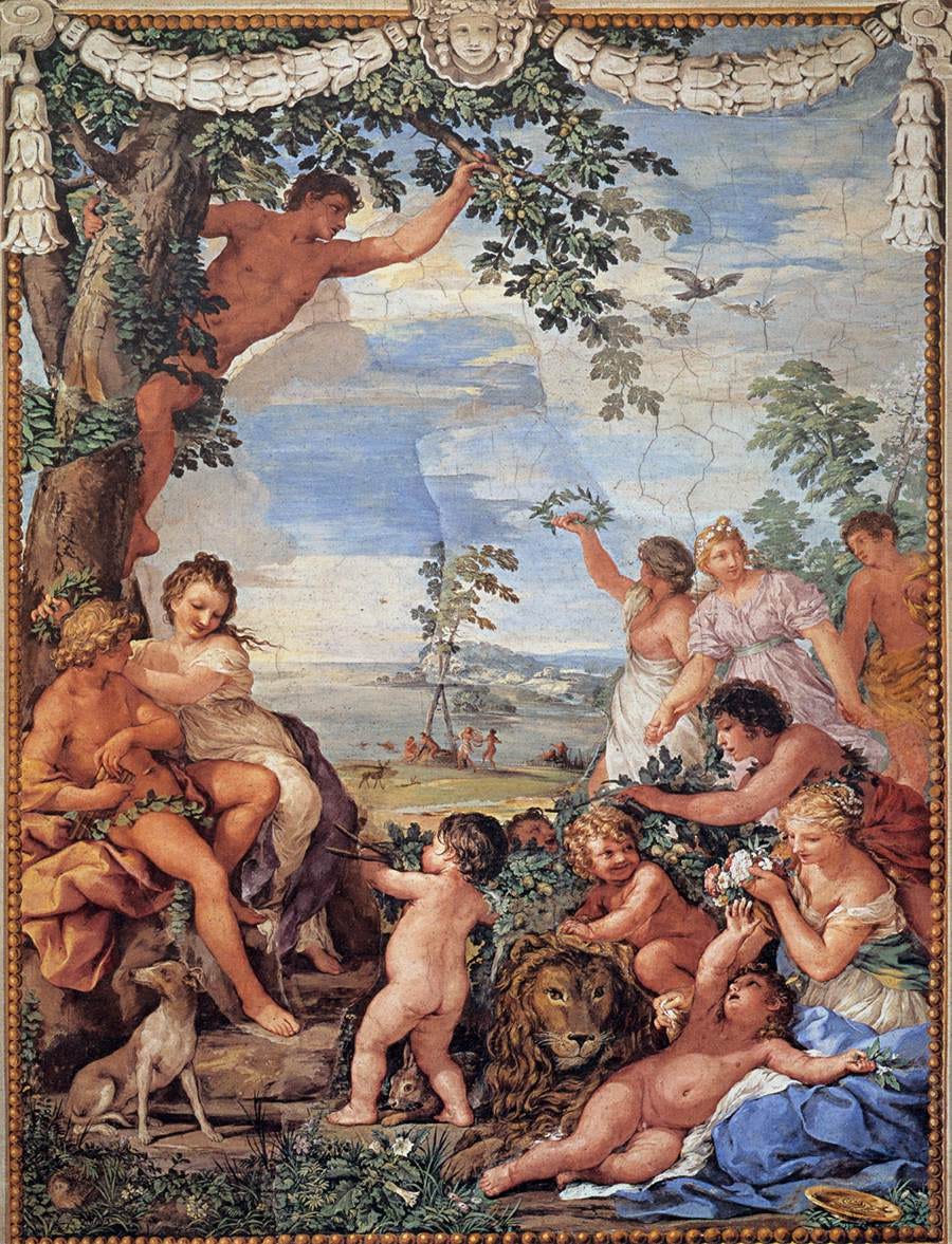Tableau représentant l'Âge d'Or. Hommes, femmes, enfants et animaux domestiques et sauvages se cotoyant harmonieusement. 