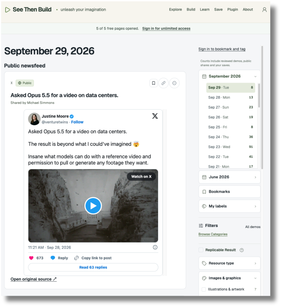 See Then Build’s AI demo library, with a daily newsfeed, featured projects, bookmarks, and date filters.