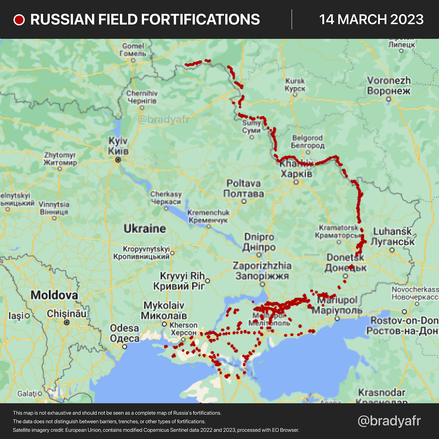 Brady Africk on Twitter: "New satellite imagery shows that Russian forces  have ramped up the construction of fortifications across occupied regions  of Ukraine. Check out a map of Russia's field fortifications here: