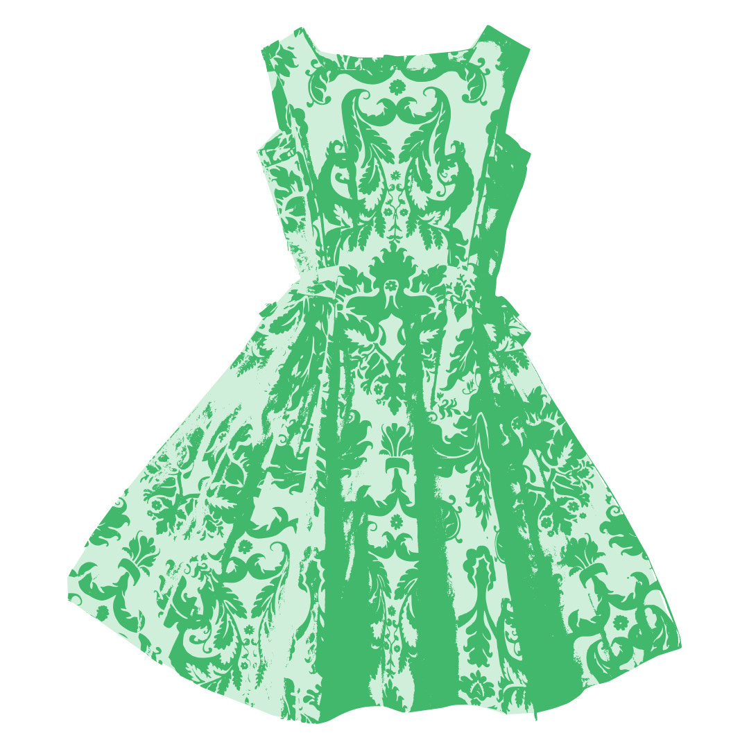 Image of a green dress made of tapestry fabric