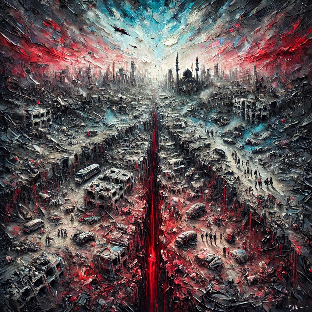 A powerful abstract impressionist oil painting, square format, using intense and emotive colours to represent the humanitarian crisis and strategic military evolution in Gaza. The bottom half of the canvas is a chaotic battlefield of texture—charred reds, deep blacks, cracked greys—depicting shattered buildings, broken infrastructure, and ghostlike figures amid destruction. Scattered abstract forms represent mosques, schools, and homes dissolving into smoke and rubble. A central blood-red divide slices the canvas, symbolising the blockade and political fracture. Above, swirls of dark blue and muted green show the region’s suffocating tension under siege. In the top right, faint glimmers of light and cooler tones emerge—symbolising voices of resistance, rising public awareness, and shifting opinion. Social media motifs and fractured satellites are abstracted into brushwork, floating across the composition. The overall effect is one of deep tension, trauma, and unrelenting pressure—punctuated by moments of human resilience and the hope for justice under international law. A powerful abstract impressionist oil painting, square format, using intense and emotive colours to represent the humanitarian crisis and strategic military evolution in Gaza. The bottom half of the canvas is a chaotic battlefield of texture—charred reds, deep blacks, cracked greys—depicting shattered buildings, broken infrastructure, and ghostlike figures amid destruction. Scattered abstract forms represent mosques, schools, and homes dissolving into smoke and rubble. A central blood-red divide slices the canvas, symbolising the blockade and political fracture. Above, swirls of dark blue and muted green show the region’s suffocating tension under siege. In the top right, faint glimmers of light and cooler tones emerge—symbolising voices of resistance, rising public awareness, and shifting opinion. Social media motifs and fractured satellites are abstracted into brushwork, floating across the composition. The overall effect is one of deep tension, trauma, and unrelenting pressure—punctuated by moments of human resilience and the hope for justice under international law.