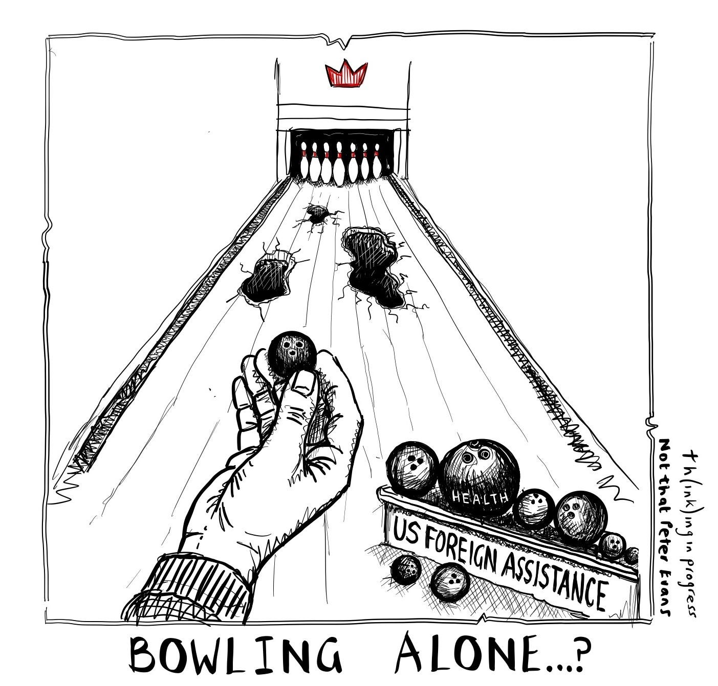 cartoon showing a person bowling in a bowling alley with holes that the balls may fall into