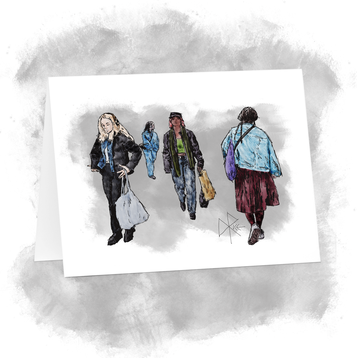 People in motion on a city sidewalk, each with their own paths and agendas. Sketch art by Don Rice.