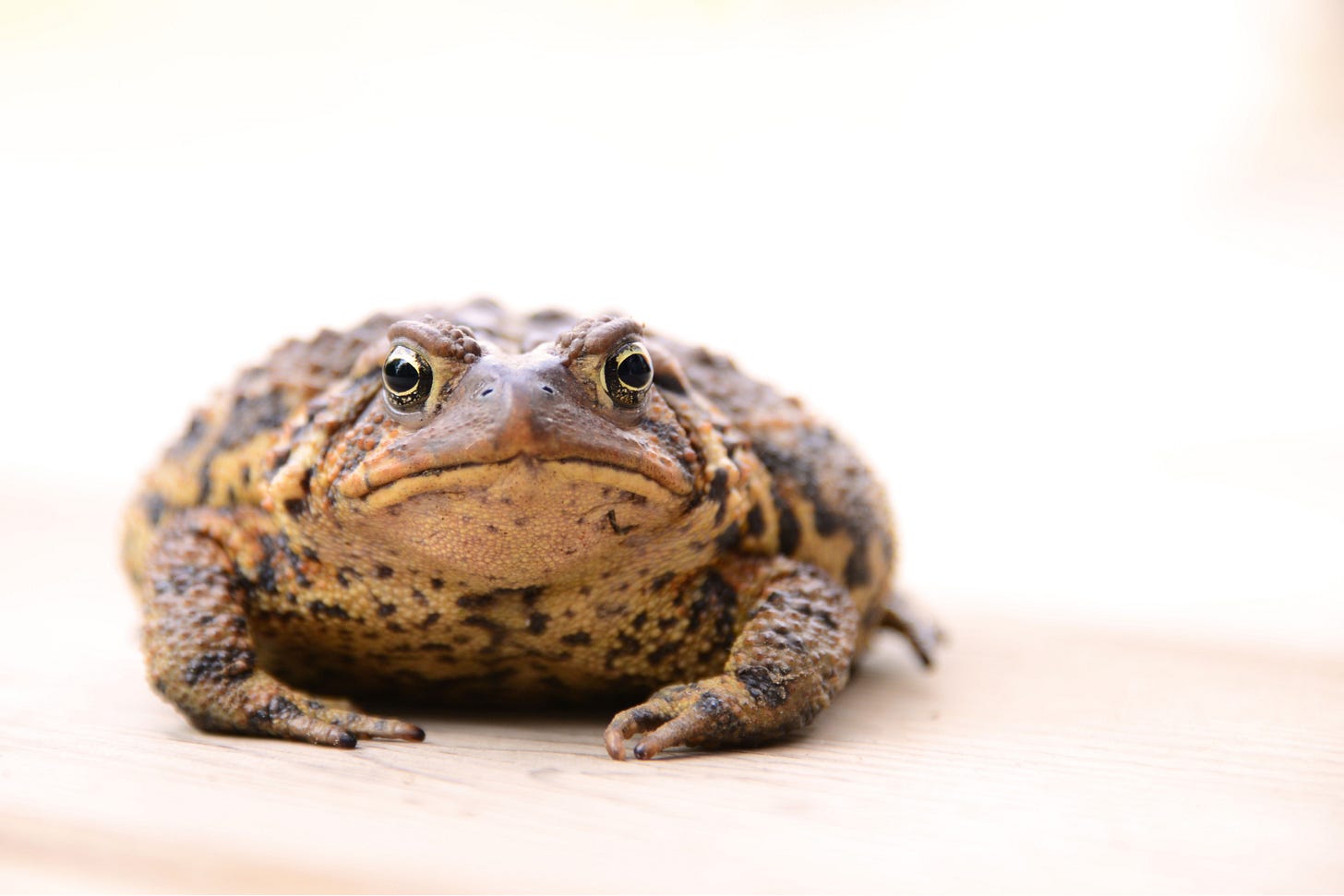 Close-up, eye-level view of a mottled brown and yellow toad sitting on a light wooden surface against a bright white background, facing directly toward the camera. Close-up, eye-level view of a mottled brown and yellow toad sitting on a light wooden surface against a bright white background, facing directly toward the camera.