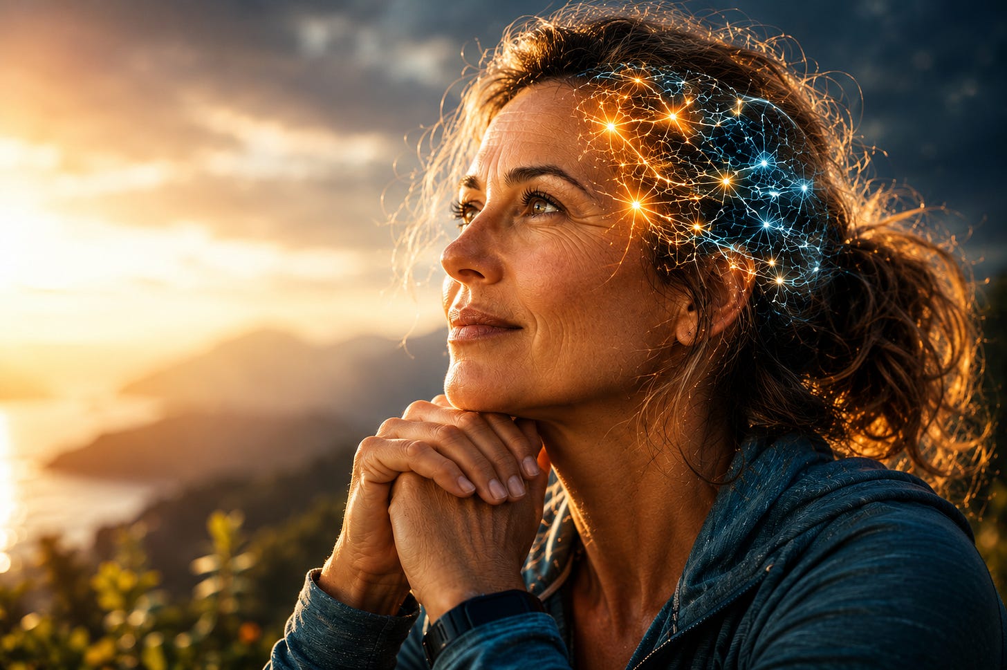 A close-up of a middle-aged woman outdoors in warm golden light, resting her chin on her hands and gazing thoughtfully upward, with a subtle overlay of glowing neural connections across her temple symbolizing brain activity and growth. A close-up of a middle-aged woman outdoors in warm golden light, resting her chin on her hands and gazing thoughtfully upward, with a subtle overlay of glowing neural connections across her temple symbolizing brain activity and growth.