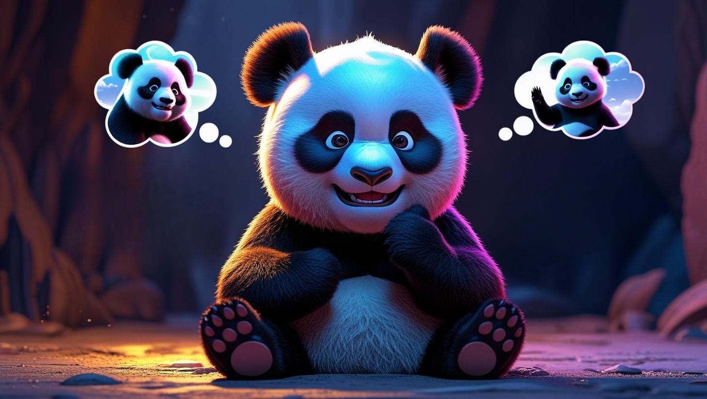 Illustration of a cartoon panda thinking with one thought bubble showing a boy panda and one showing a girl panda