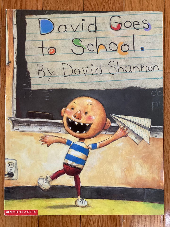 Paperback editions of four picture books including The True Story of the Three Little Pigs, Where the Wild Things Are, The Bremen Town Musicians, and David Goes to School