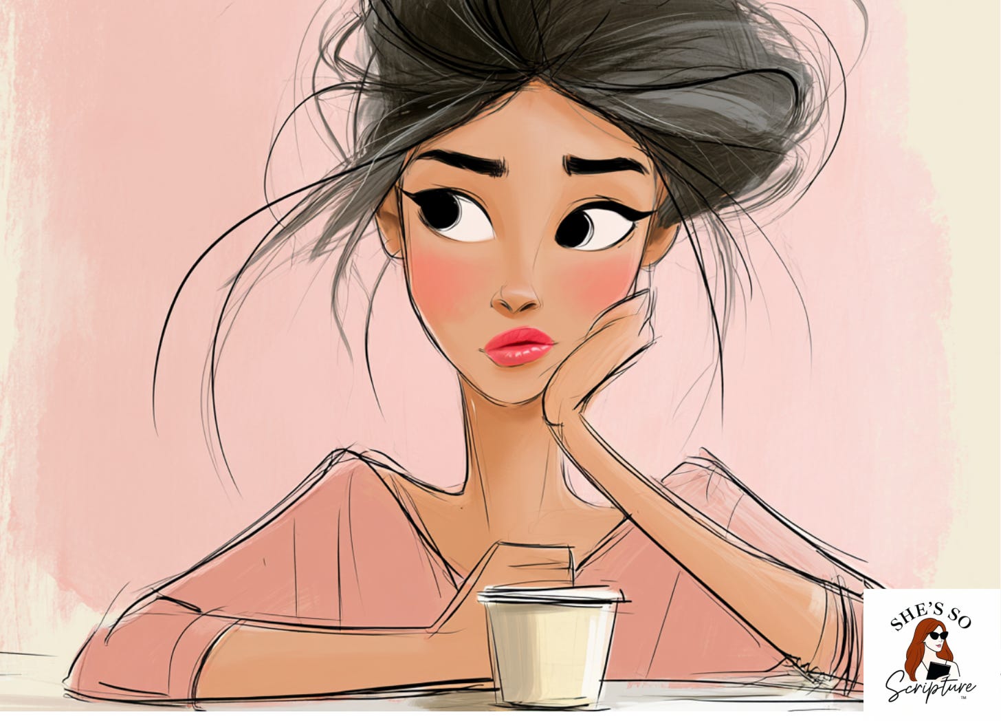 An illustrated woman sitting at a table with an empty coffee cup, hands wrapped around it and gaze downward with a quietly distant expression, rendered in a whimsical fashion illustration style with blush pink and cream watercolor tones.