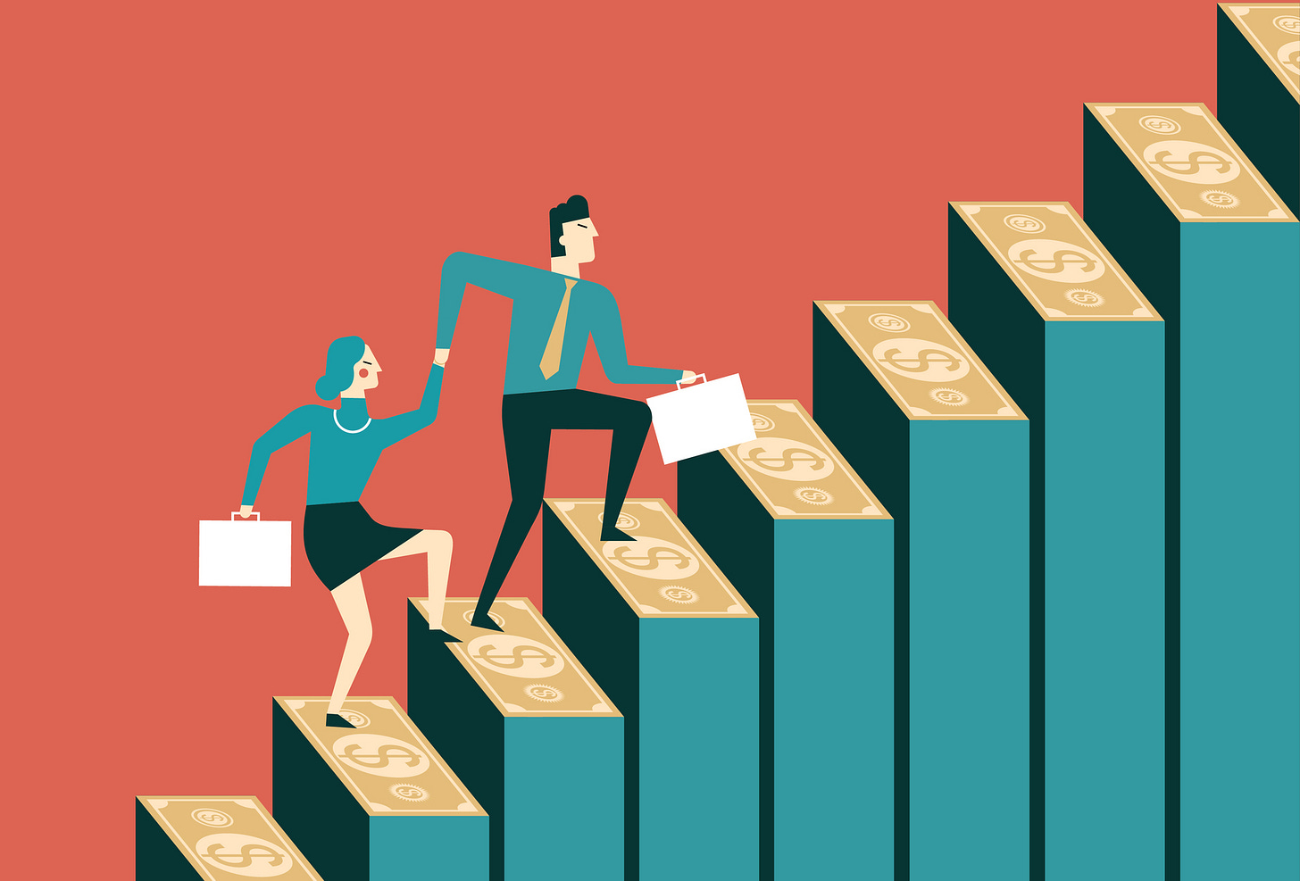 Businesspeople climb a staircase made of money.