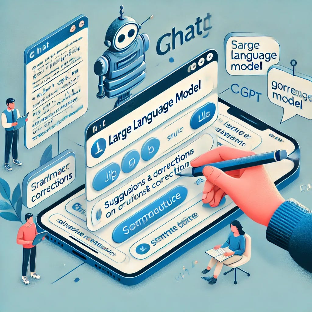 An illustration showcasing a Large Language Model (LLM) interface, like ChatGPT, being used by a student for writing assistance. The interface displays suggestions and corrections on grammar and structure in a user-friendly, accessible format.