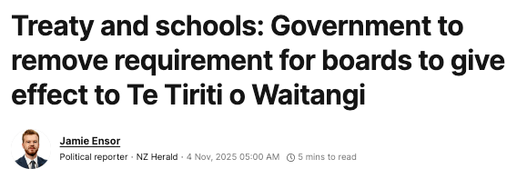 Headline: "Treaty and schools: Government to remove requirement for boards to give effect to Te Tiriti o Waitangi." Headline: "Treaty and schools: Government to remove requirement for boards to give effect to Te Tiriti o Waitangi."